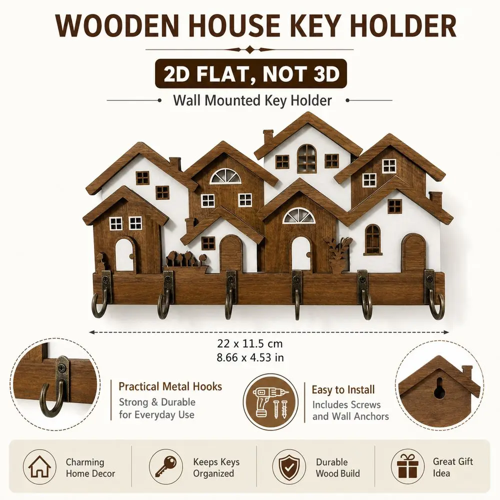 Gifts Wood Wooden Key Holder 2D Flat Colorful House Key Holder House Shape Wall Mounted Decorative Key Hanger Entryway Organizer