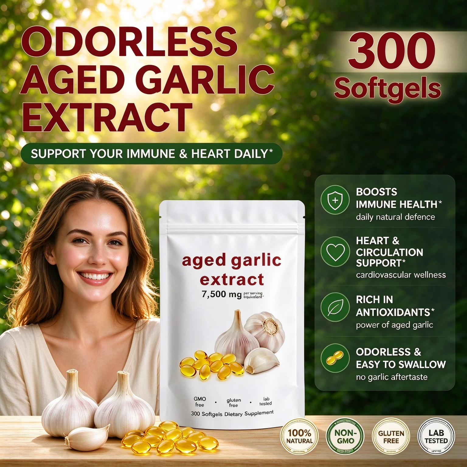 Aged Garlic Extract Softgels Odorless High Potency Immune Support Blood Circulation 300 Softgels Non GMO Daily Supplement