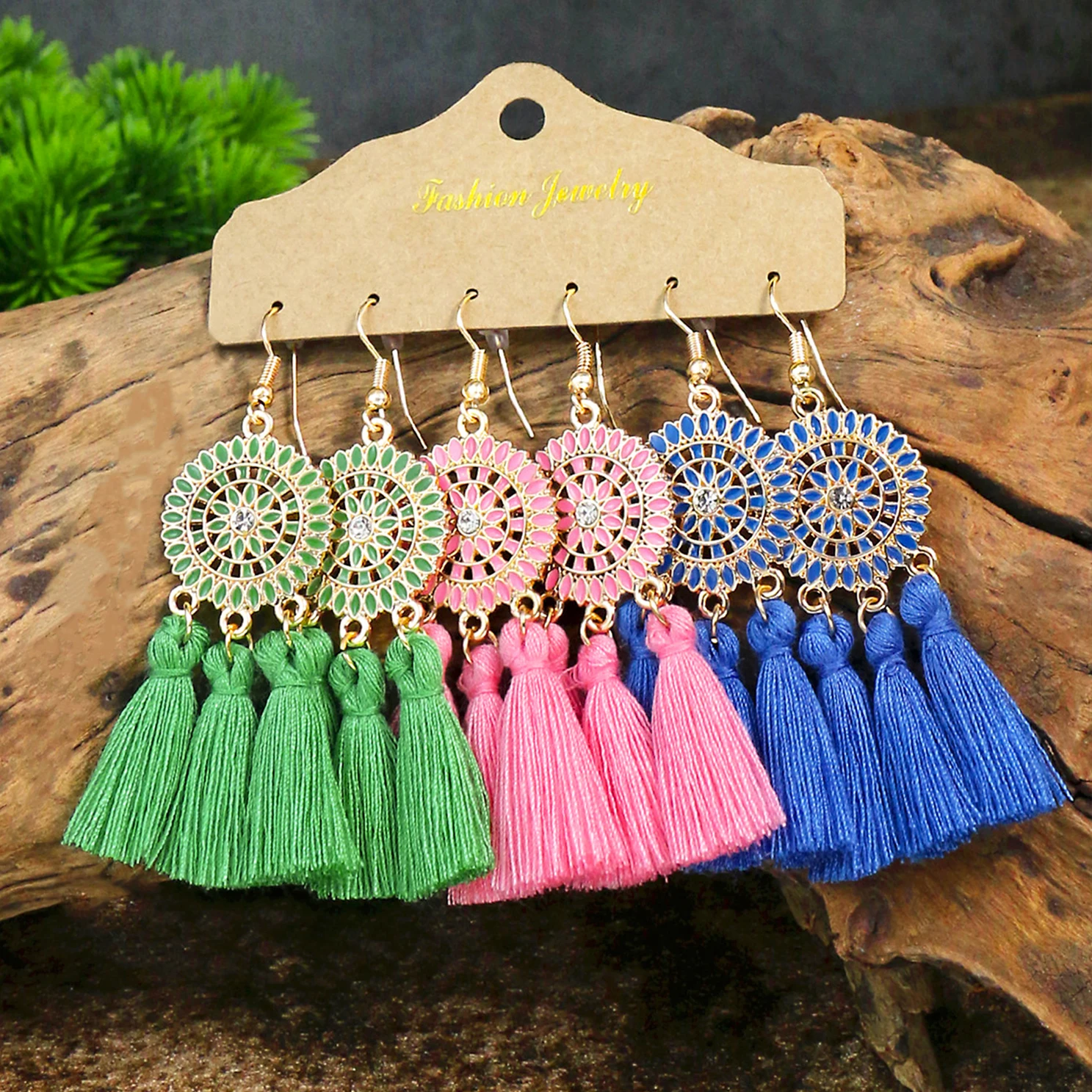 Boho Vacation Style Women Earrings Set Colored Tassel Design Rhinestone Inlay Round Earrings Court Style Jewelry Gifts