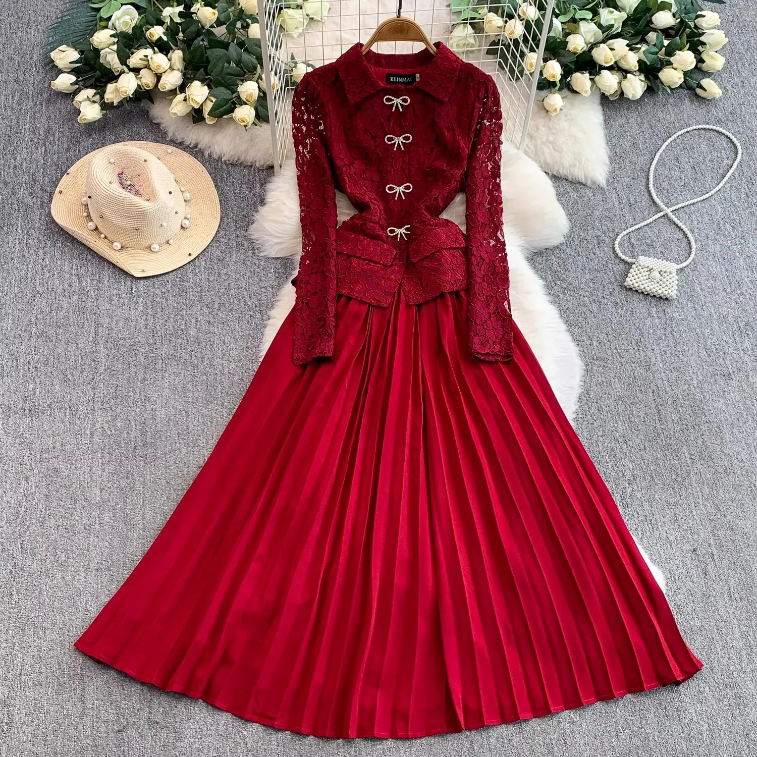 Runway Flower Embroidery Evening Prom Red Lace Patchwork Dress Autumn Women's Lapel Long Sleeve Beaded Bow Holiday Maxi Vestidos