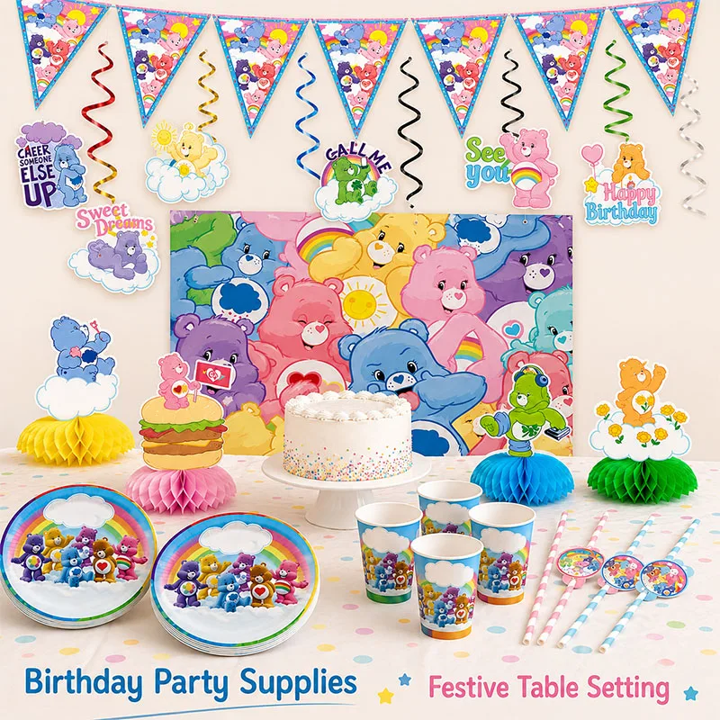 Care Bears Pappteller, Becher, Wabenplatten, Spiralfahnen, Hintergrund mit Geburtstagsmotiven, Hängende Fotohintergrund-Dekorationen und Zubehör