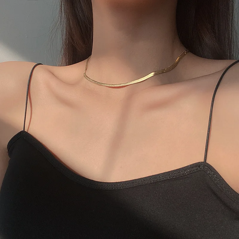 Punk Flat Blade Snake Link Chain Choker Necklace Gold Silver Color Stainless Steel Neck Chains For Women Jewelry Chocker 2023