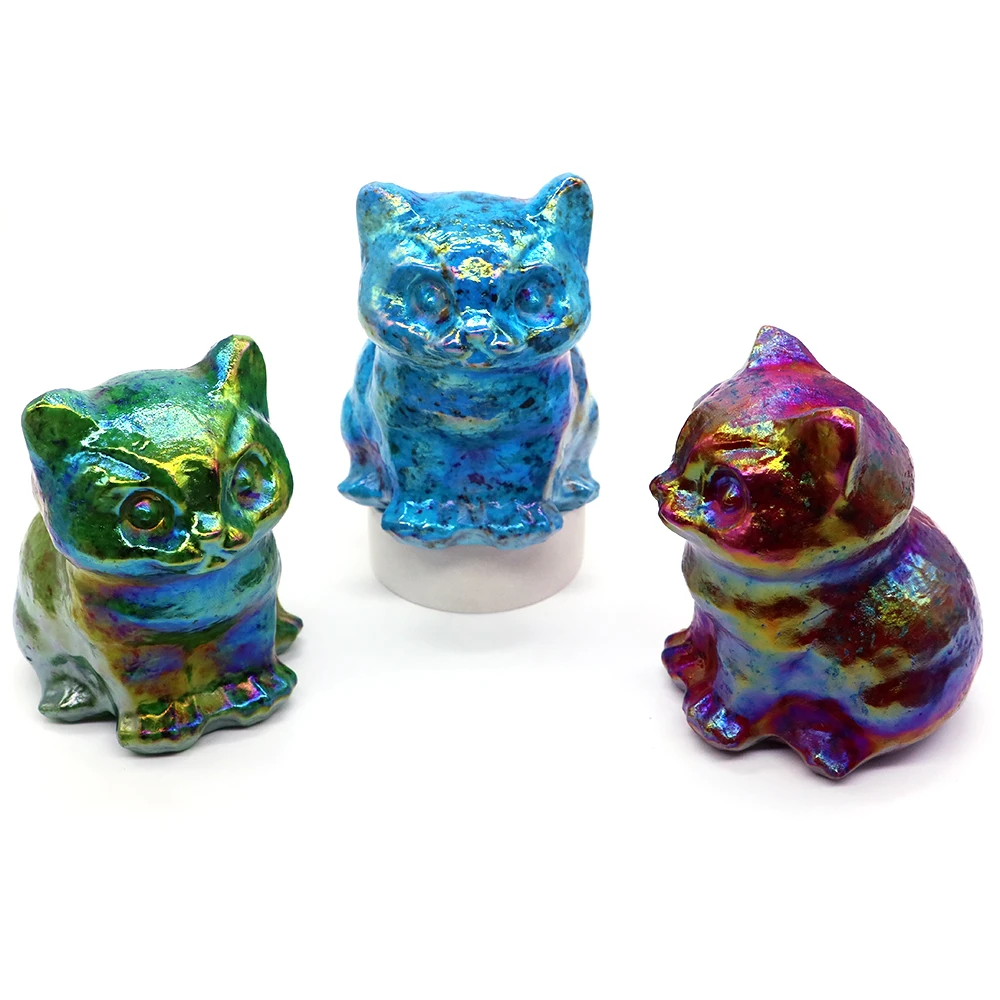 75mm Sitting Cat Natural Crystal Colorful Electroplating Curb Stone Reiki Healing Carving Gemstone Ornaments Craft Home Decor