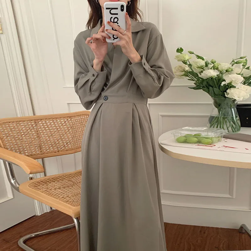 Chique Vintage Hepburn Sle Lang Knielengte Ontwerp met één knop Afslankende Wrap Dr Dames Faion Commute Koreaanse Sle Lange S...