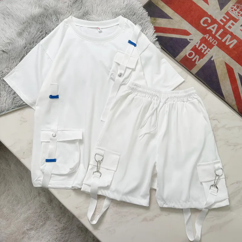 

Мужской комплект в рабочем стиле: шорты и футболка, летний повседневный модный комплект, однотонный, с множеством карманов, шорты на шнуровке