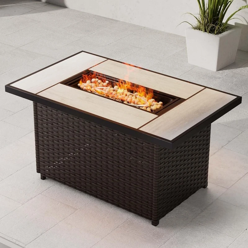 Outdoor Propane Fire Pit Table with Cover/Lid for Patio, 43 inch 50,000 BTU,Wicker/Rectangle