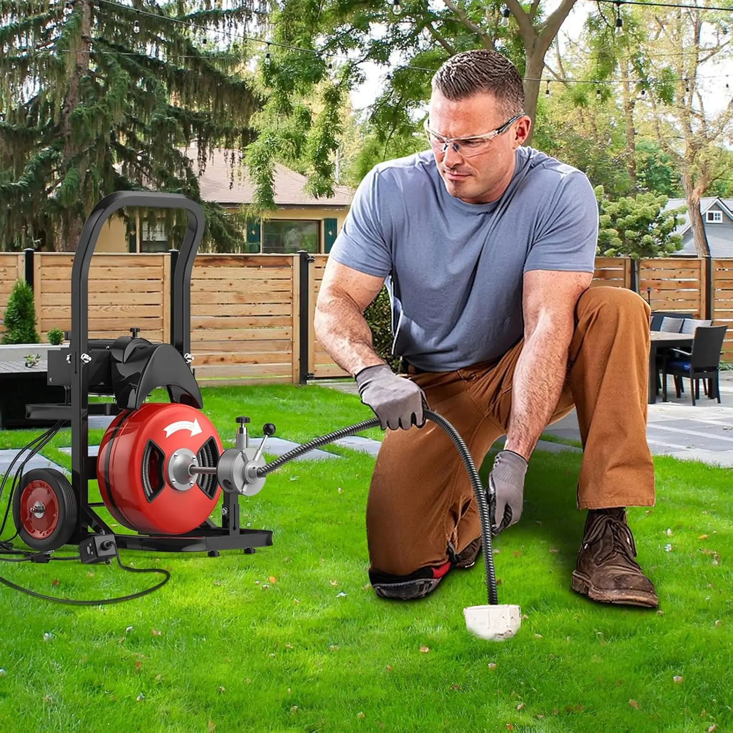 

75FT x 1/2" Heavy-Duty Electric Drain Snake, 750W Auto Feed Sewer Cleaner with 6 Blades & Air-Activated Foot Pedal, 2-8 Inch Pip