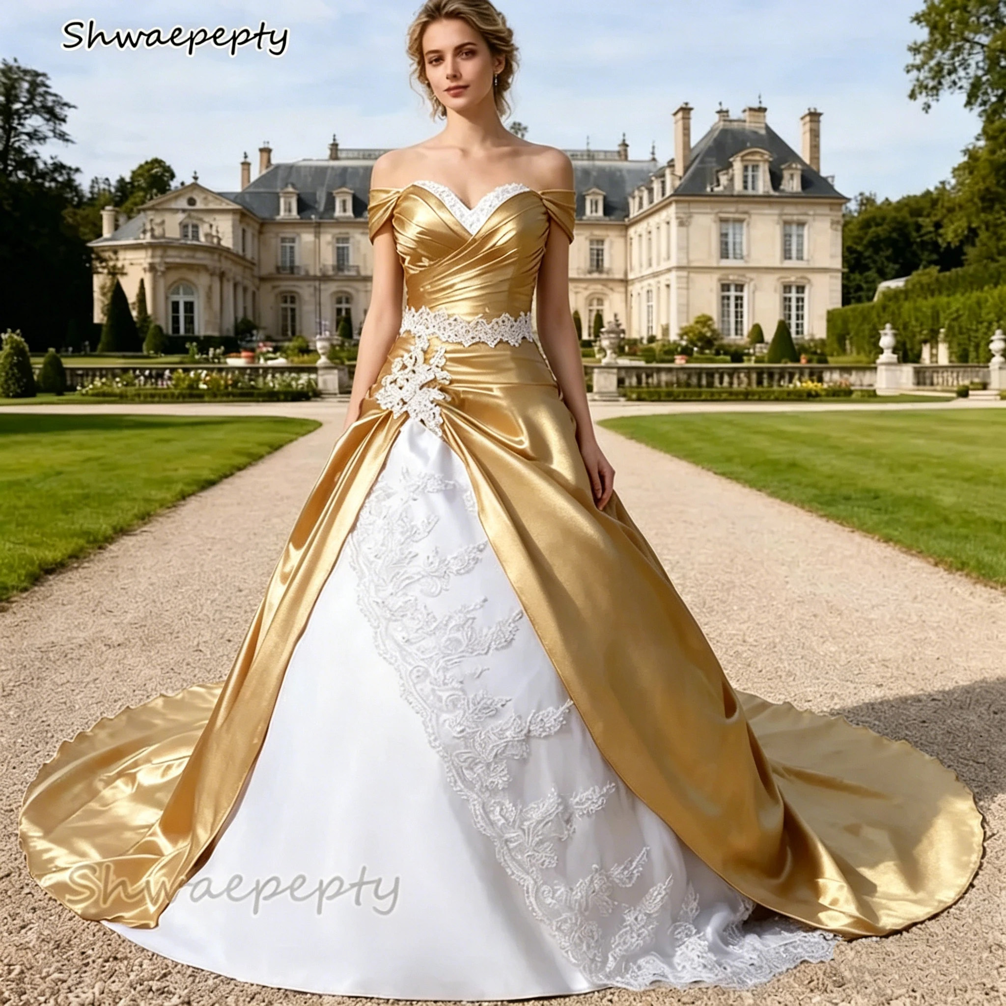Vintage Gold And White Wedding Dress Off-Shoulder Satin Ball Gown Pleats Ruched Bride Gowns Lace Appliques Vestidos Customized