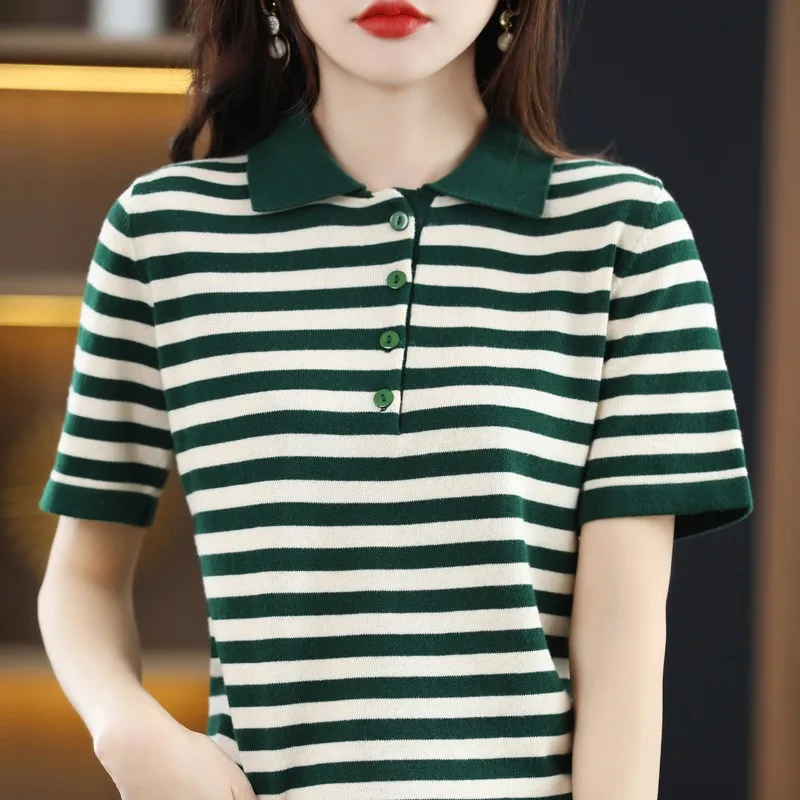 WinvyNee Summer Women's Solid Polo Shirt Striped Short Sleeved Top Casual Cotton T Shirt Women Casual Knitted Clothing A1002003