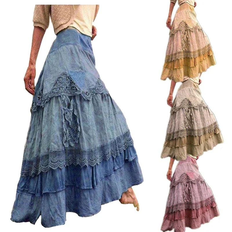 

Medieval Skirt Halloween Costume for Women Women's Viking Dress Lace Stitching Lolita Vintage Steampunk Renaissance Clothing