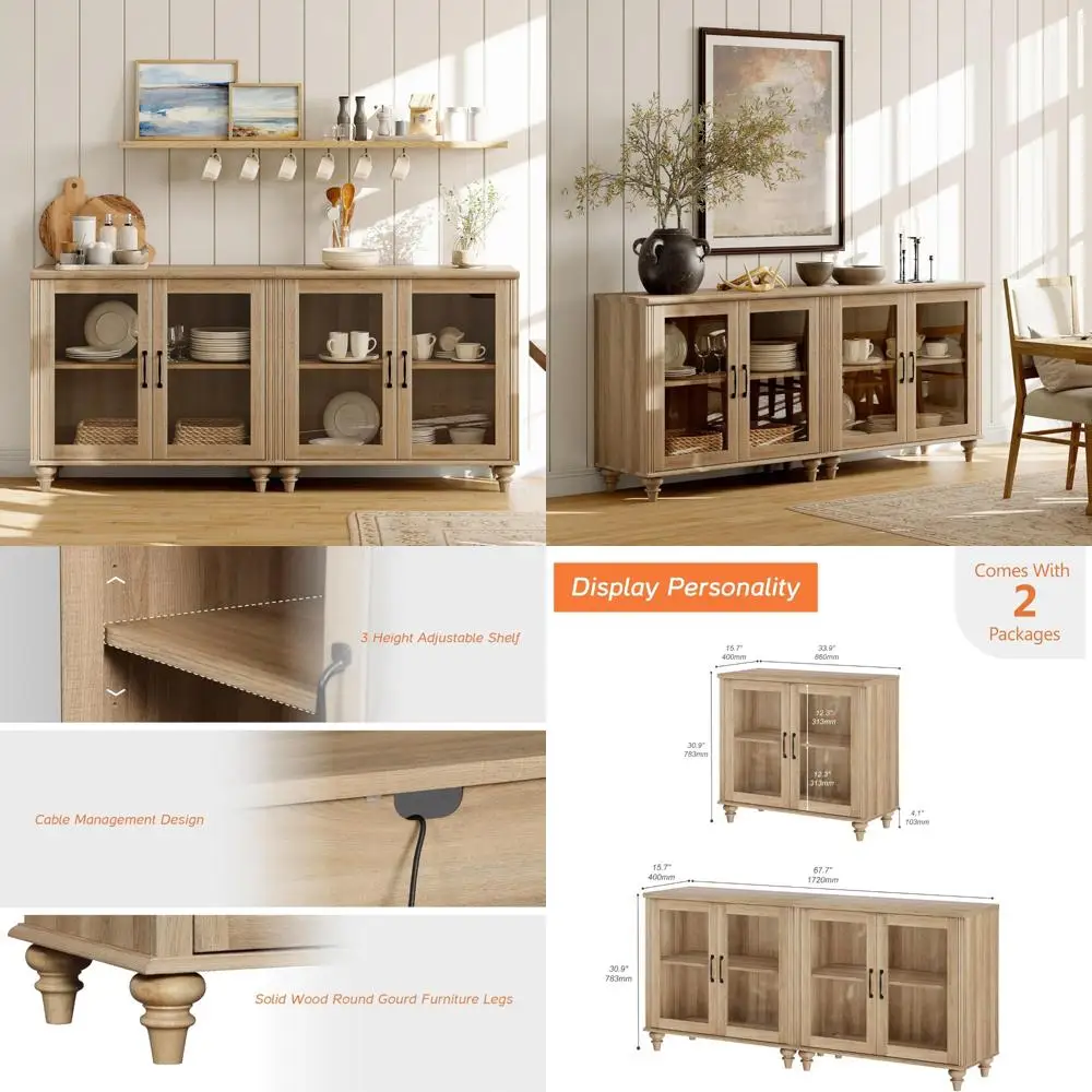 glass door sideboard buffet cabinets, kitchen storage cabinets, wood coffee bar tables with adjustable shelves