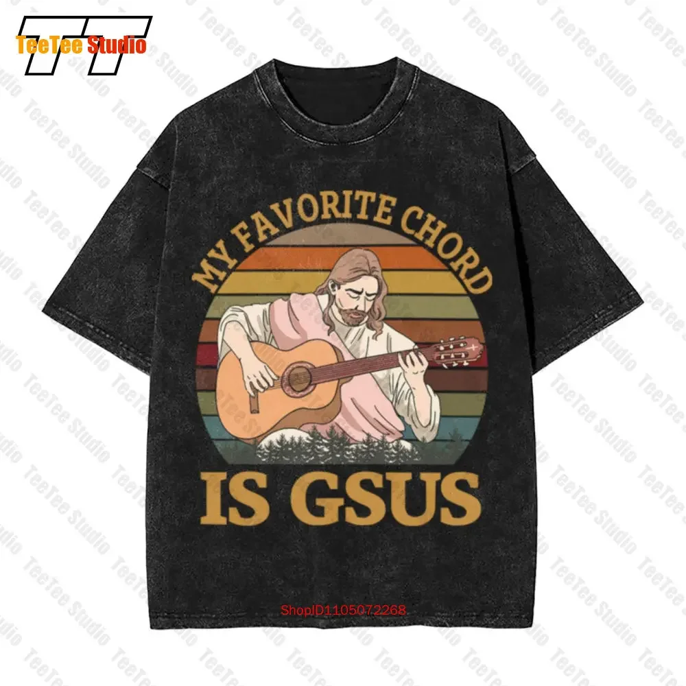 My Favorite Chord Is Gsus Funny Jesus Playing Guitar Vintage Mens Vintage Oversized T-Shirt RSJO