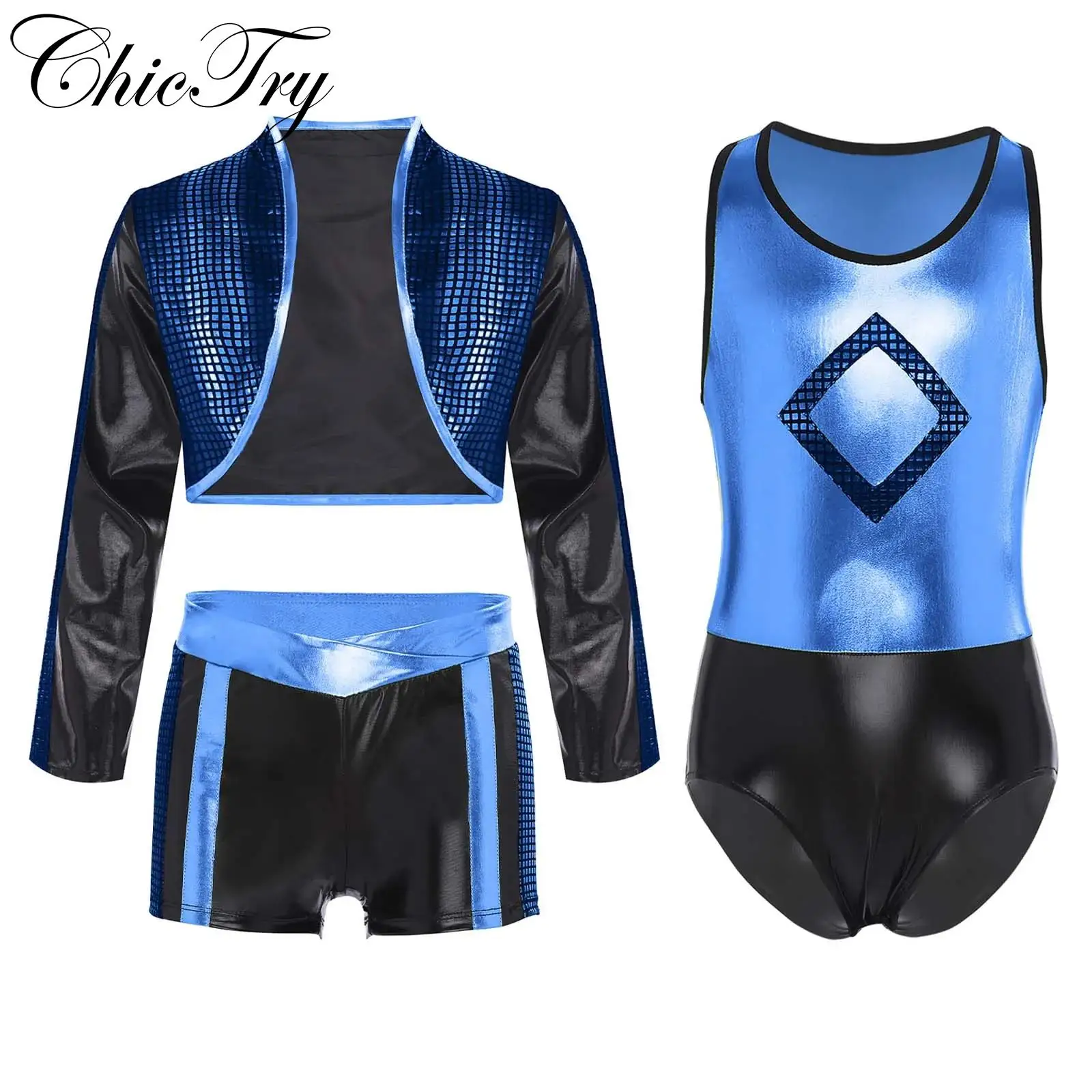 

Kids Girls Sports Tracksuit Sleeveless Metallic Gymnastics Leotard with Shorts and Long Sleeves Jacket for Jazz Dance Costumes
