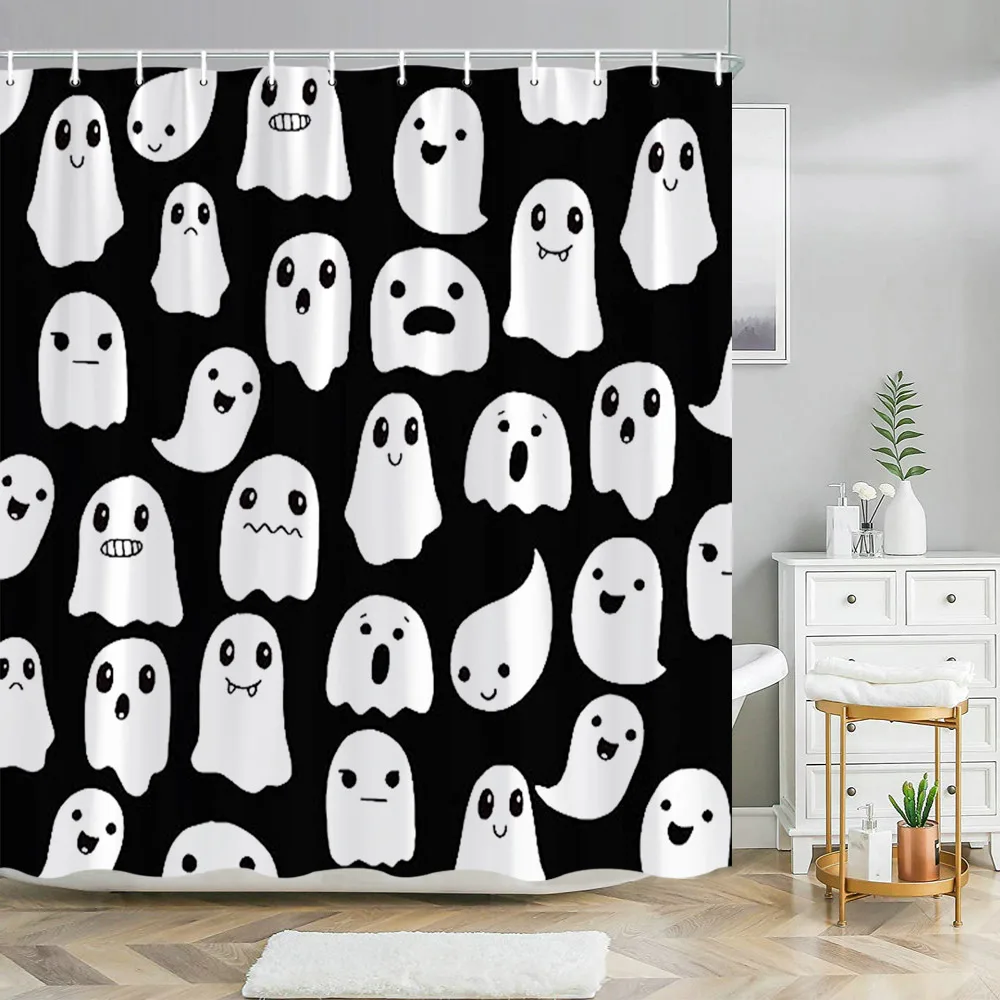 

Kids Halloween Shower Curtains Purple Orange Funny Hallowmas Bath Bathroom Decors Grimace Pumpkins Spooky Skulls Shower Curtain