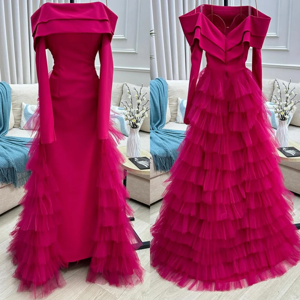 

Customized Classic Rose red Jersey Evening Dress Exquisite Strapless Off the Shoulder Long Sleeves Zipper Back Homecoming Dress