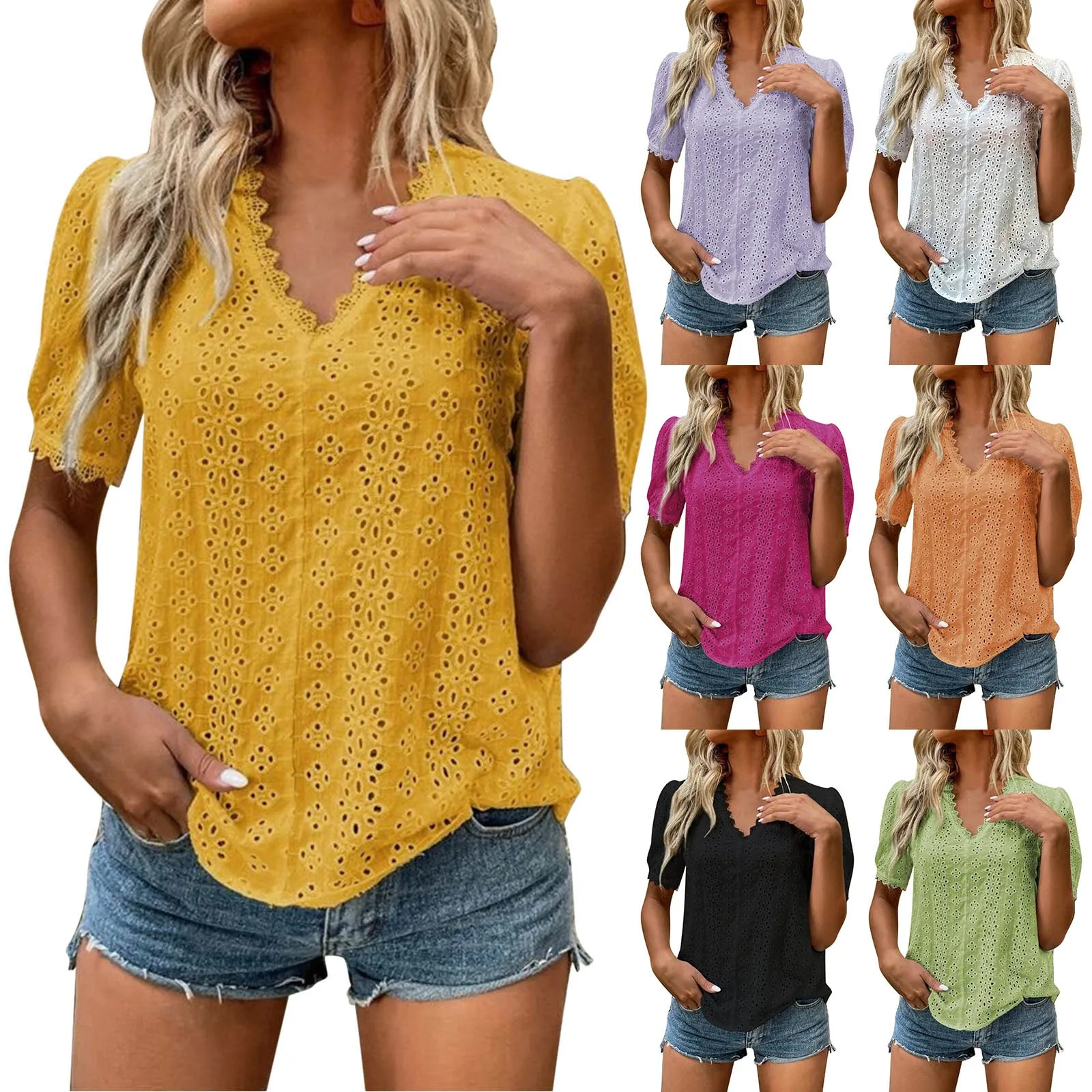 Sexy Hollow Shirt Woman Yellow Green Short Sleeve Y2k Blouse Top 2022 New Summer Female Ladies Solid V-neck Blusas Clothes