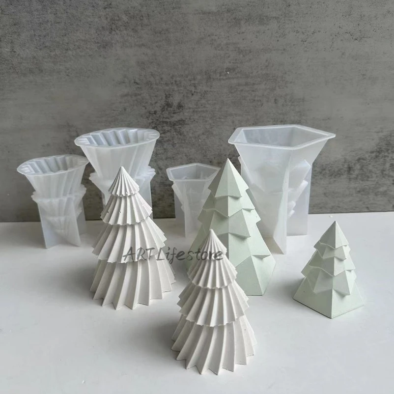 Rotating Conical Christmas Tree Candle Mold 3d Origami Striped Column Crafts Resin Plaster Silicone Mold Holiday Decoration Gift