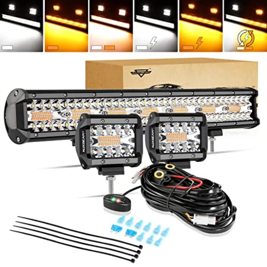 

【Spot goods】20 Inch 420W LED Light Bar 2 PCs 4 Inch 60W 6 Modes Amber White Strobe Spot Flood Combo Work Light with Wiring Harn