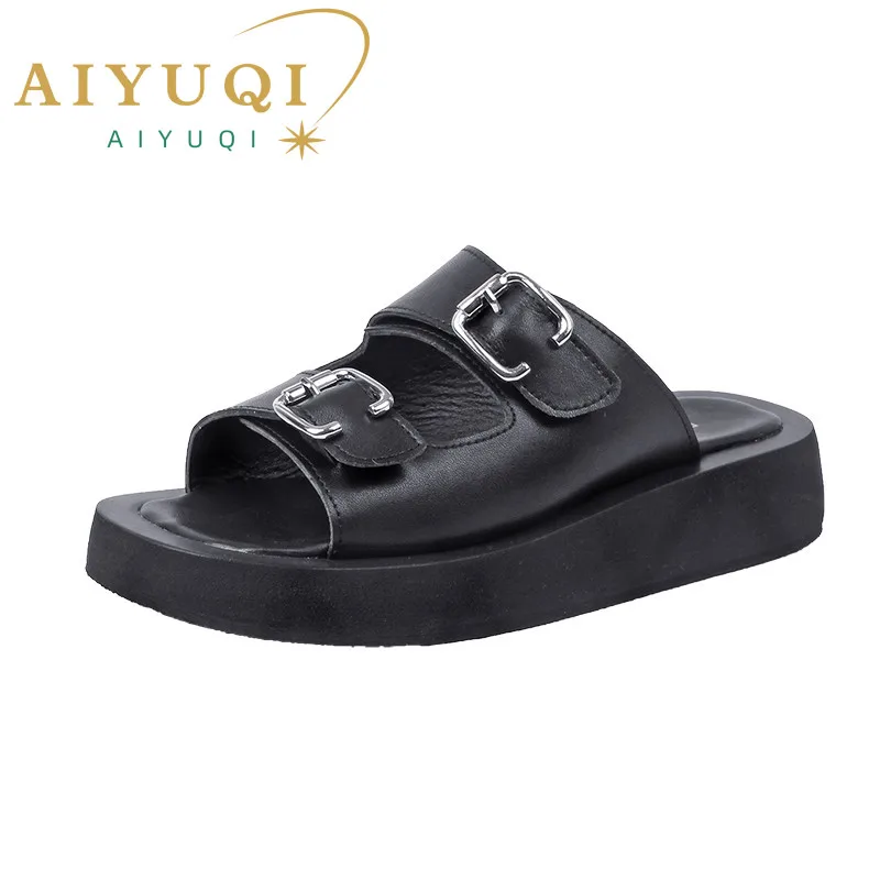 

2024 Women Slippers Summer Genuine Leather Slides Women Fashion Square button Flat Sandals Ladies Outdoor Casual Flip Flops