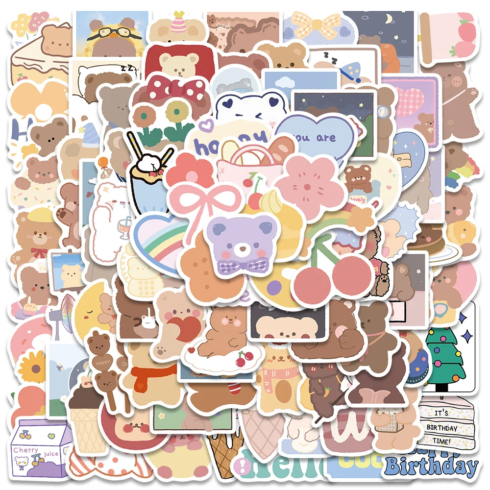 102pcs Cute Kawaii Bear Stickers Cartoon Ins Style DIY Graffiti Decals For Kid Laptop Luggage Skateboard Scrapbook Phone Sticker