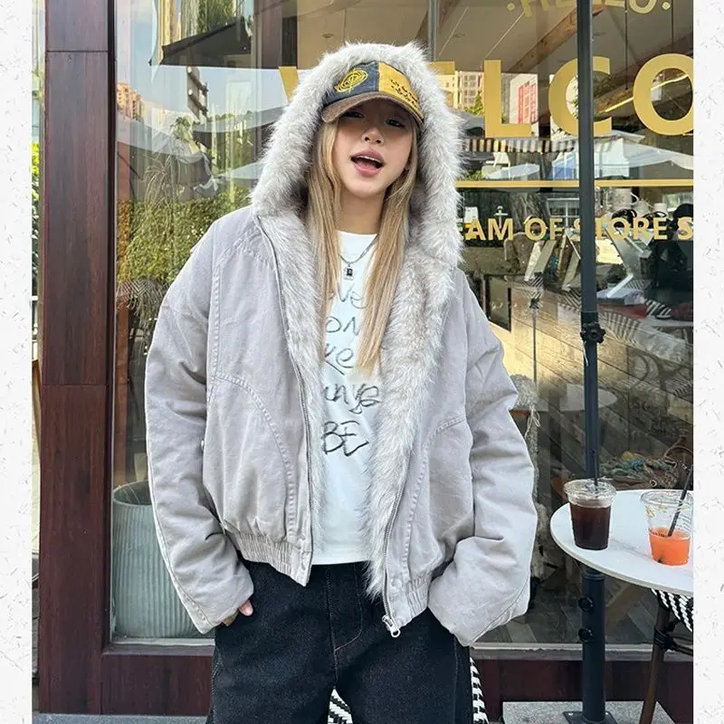 

Deeptown серые винтажные женские и мужские куртки из искусственного меха с капюшоном Y2k, черные куртки в американском стиле, повседневные толстые зимние пальто большого размера