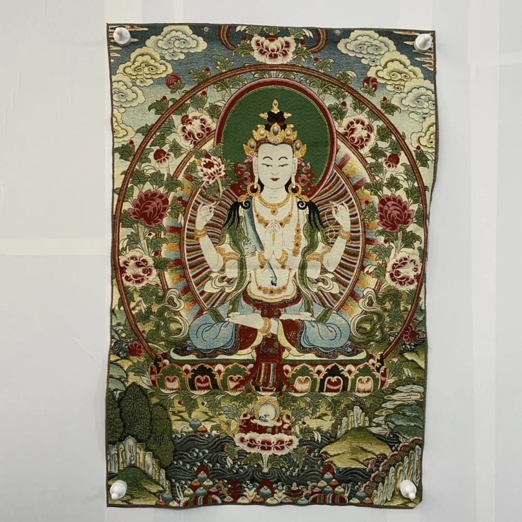 

35"Thangka Embroidery Tibetan Buddhism silk brocade Four-armed Guanyin Thangka hanging screen Worship Hall Town house Exorcism