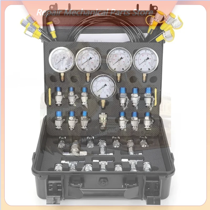 5 Gauges Hydraulic Pressure Test Kit With 13 Test Couplings 14 Tee Connectors 5 Test Hoses For Excavator Construction Machinery