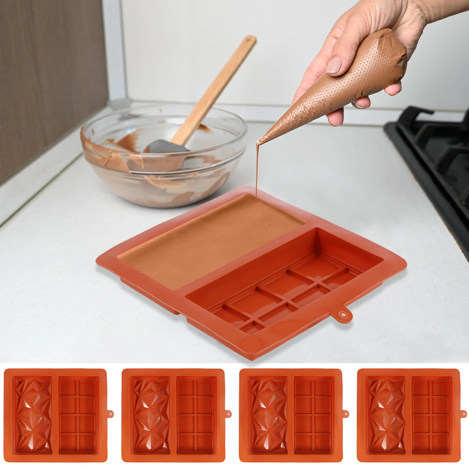 4件套 Chocolate Bar Mold Silicone Chocolate Mold Reusable Candy Bar Molds Easy Release Chocolate Making Mold Temperature Resistan