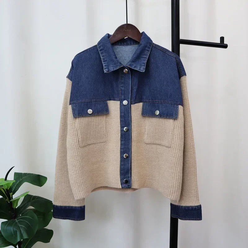 Denim Sweater 2024 Women Cardigan Kintted Button Patchwork Spring Autumn Vintage Winter Streetwear Y2k Jumper Coat Cardigans