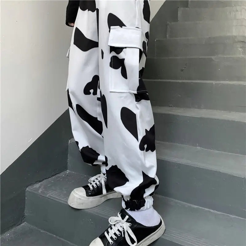 Cow Print Pants Women Korean Style Wide Leg Pants Harajuku Trousers Autumn Multiple Pockets Sweatpants Clothes Streetwear Women