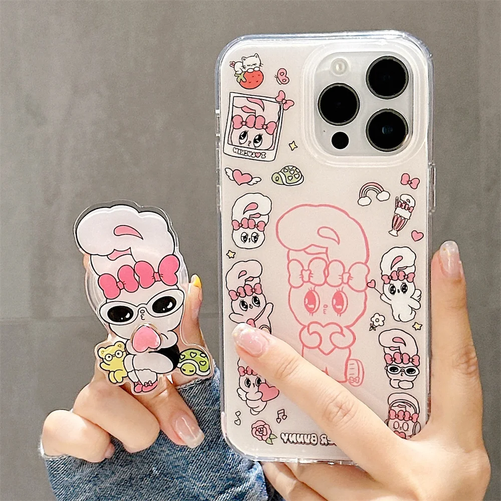 

Kawaii Aisle Rabbit Rotate Love Stand Phone Case For iPhone 17 Pro 16 15 Pro Max Funda 14 13 Korean INS Cute Protective Cover