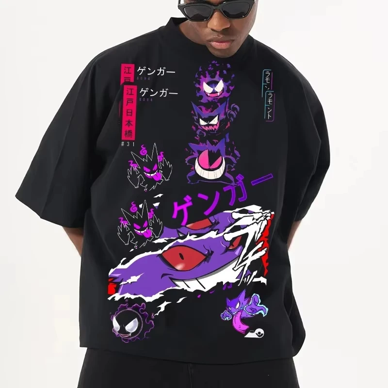 Bandai Pokémon Gengar Grafik-Baumwoll-T-Shirt Anime-Merchandise Unisex Kurzarm Harajuku-Stil Bequeme Sommerkleidung