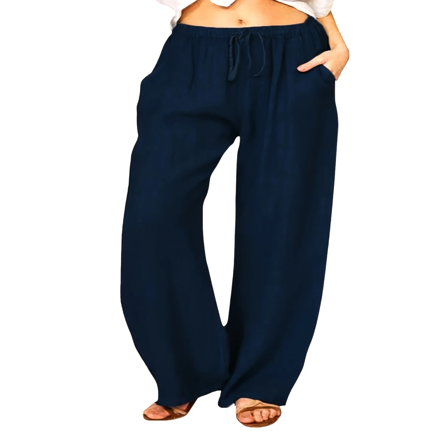 Wide Leg Pants with Drawstring - Flattering Pockets - Casual Everyday Style