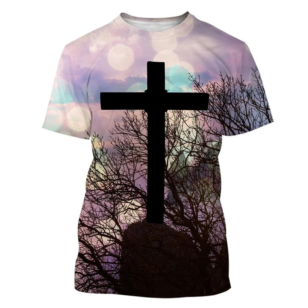 New Men\'s Summer Fashion Breathable Sports 3D T-shirts Christian Cross Black and White Jesus Printed 3D T-shirt Leisure Men Tops