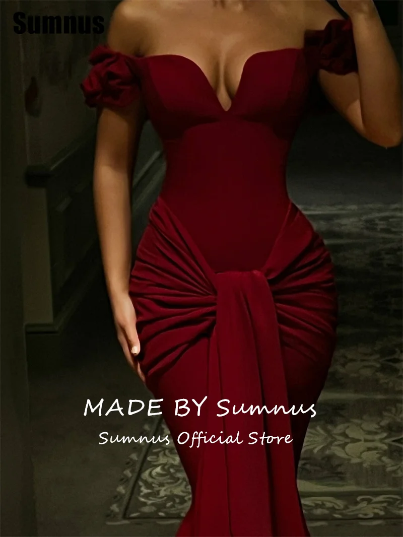 Sumnus エレガントなレッドマーメイドプロムドレス オフショルダー プリーツ フロアレングス フォーマルドレス فساتين سهرة カスタマイズ
