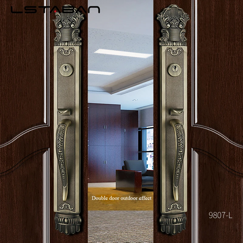 Luxury European Solid wood Villa Interior Door Lock Gate Outdoor Double Open Yellow Bronze Wooden Door Lock