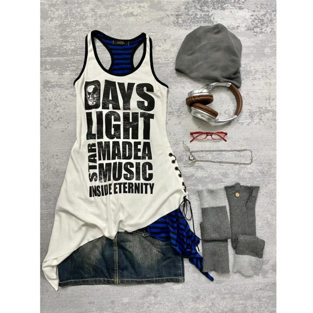 2025 Zomer Vrouwen Kleding Y2k Hemdje Patchwork Gedrukt Mouwloos T-shirt Pittig Meisje Amerikaanse Retro 2 In 1 Slim Fit Casual Top