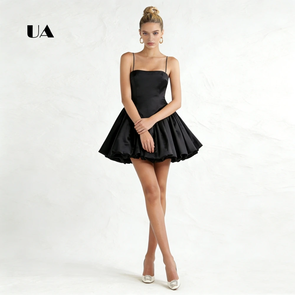 

ULBYANRY Satin Fit-and-flare Mini Dress with Spaghetti Straps, Solid Bubble Hem Evening Dress for Woman, Customized Party Gown