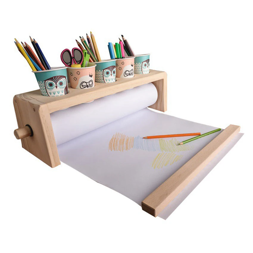 Tabletop Paper Roll Dispenser Children Wooden Easel for Drawing Doodling