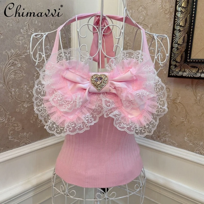 

Lolita Style Princess Big Bow Love Rhinestone Lace Wooden Ear Slim Fit Halter Top Summer Sweet Girl Women's Camisole Sling