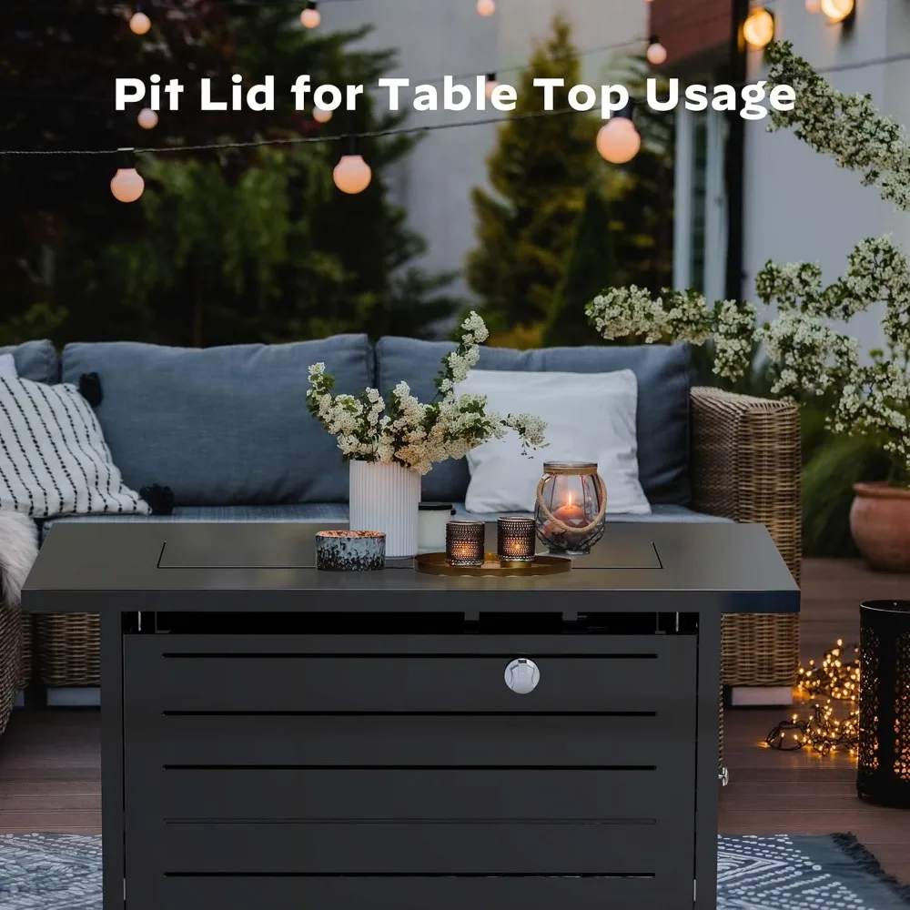 42 حفرة حريق خارجية من البروبان مع هيكل فولاذي بقدرة 60,000 وحدة حرارية بريطانية، وطاولة ذات الاستخدام المزدوج، وغطاء فولاذي، وصخور الحمم البركانية