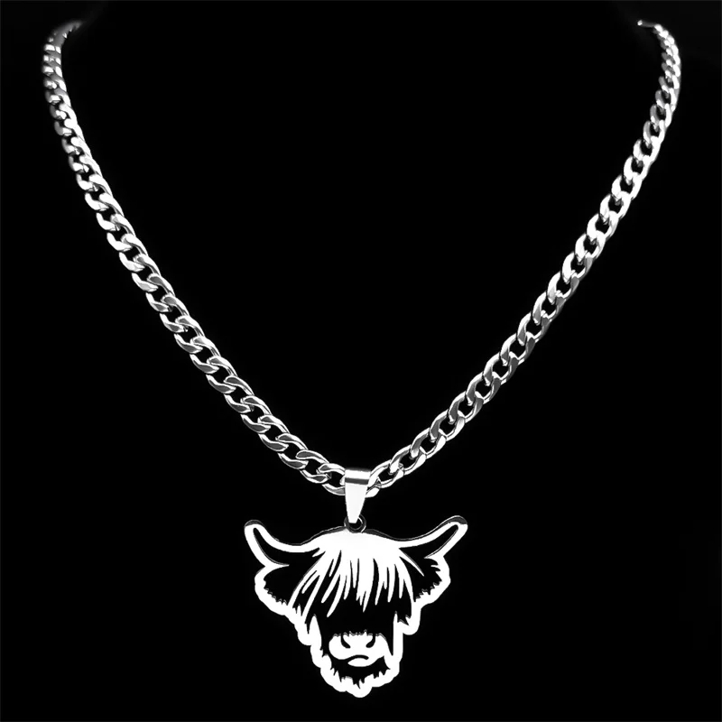 Nordic Highland Cattle Cow Pendant Necklace for Women Men Stainless Steel Silver Color Animal Necklaces Jewelry Gifts NZZZ511S03