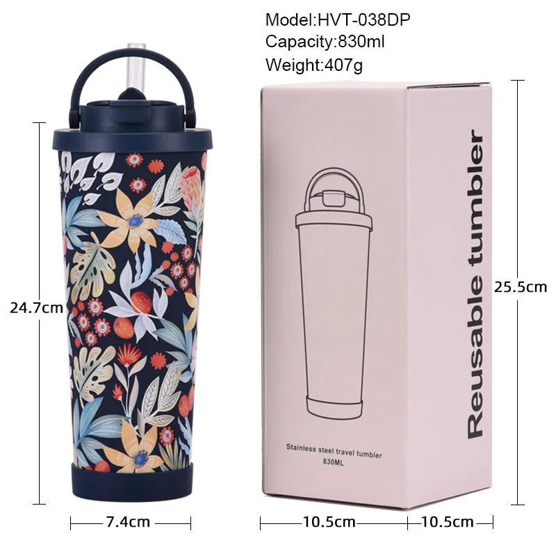 Large capacity insulated cup, wide mouth, portable outdoor sports water bottle, dual drink printed water cup