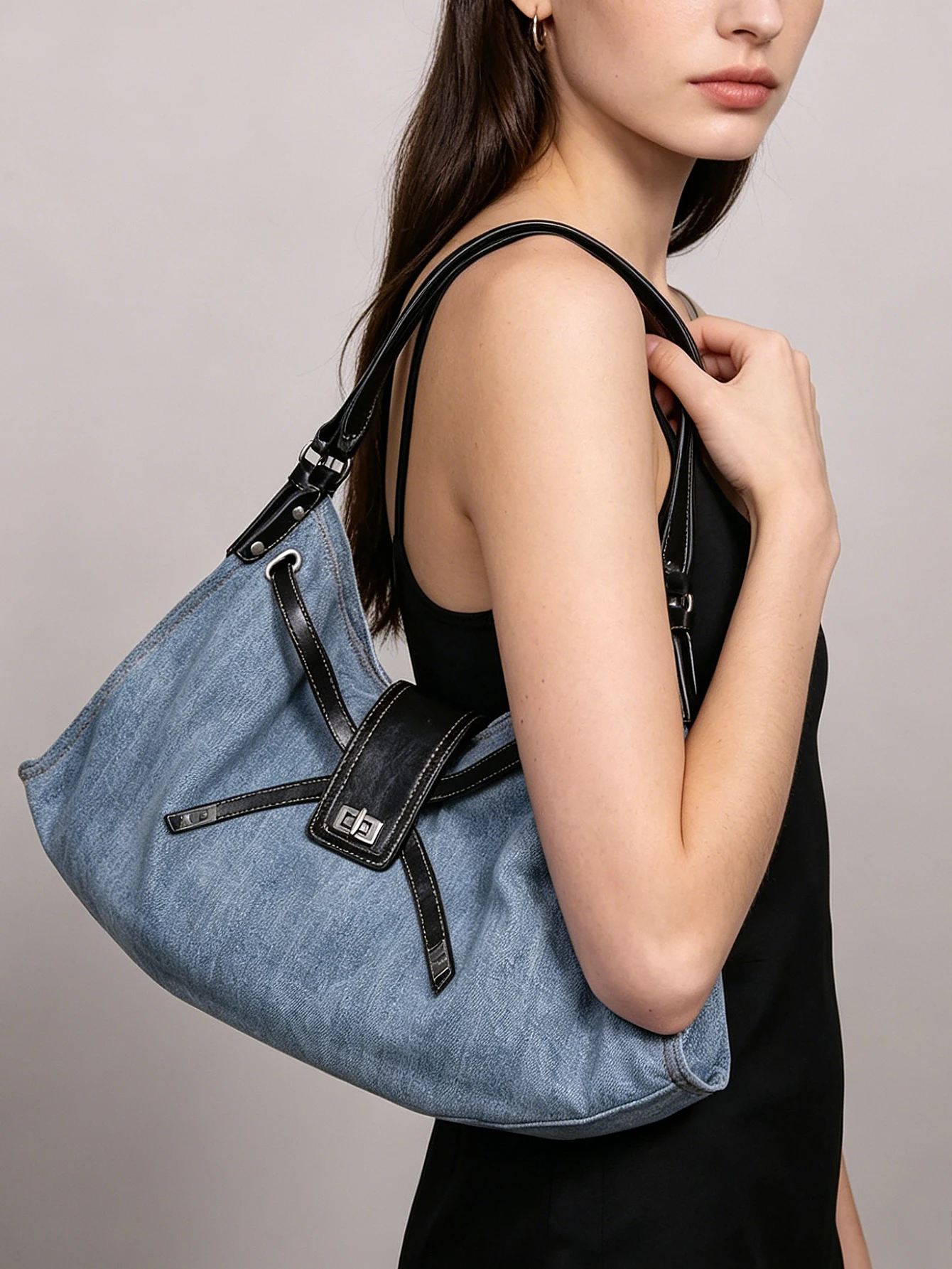 2026 fashion new ladies shoulder bag light spice retro denim with cowhide tote bag versatile contrast design large capacity comm