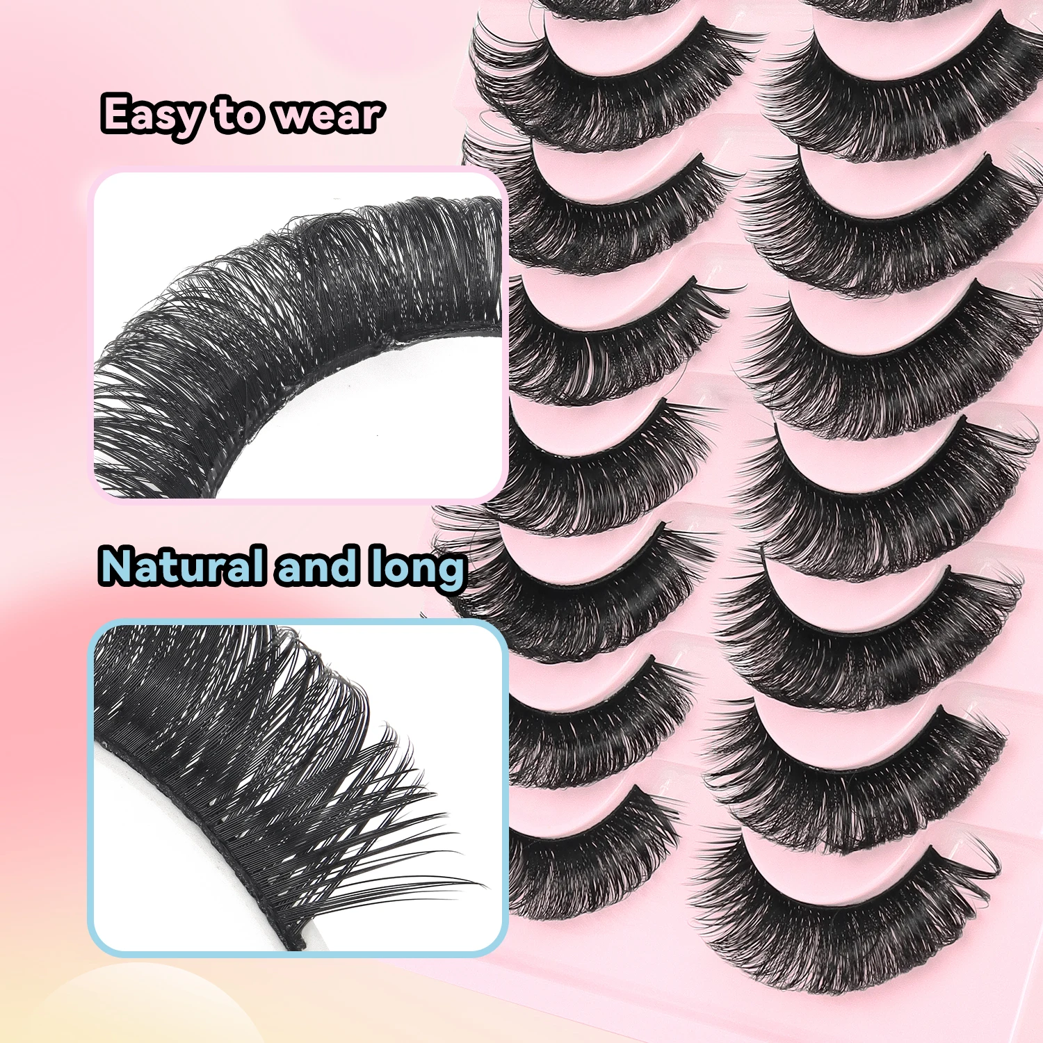 10 Pairs  False Eyelashes Russian Strip Lashes Volume Fake Eyelashes Extension D-Curly Wispy Handmade Soft Reusable