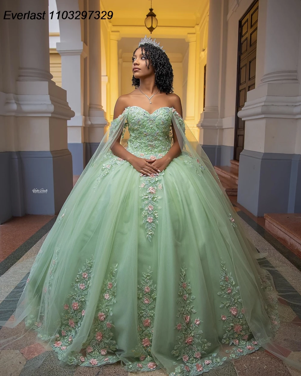 EVLAST-Robe de RhQuinceanera personnalisée avec appliques florales, cape perlée, vert sauge brillant, Sweet 16, QD1181