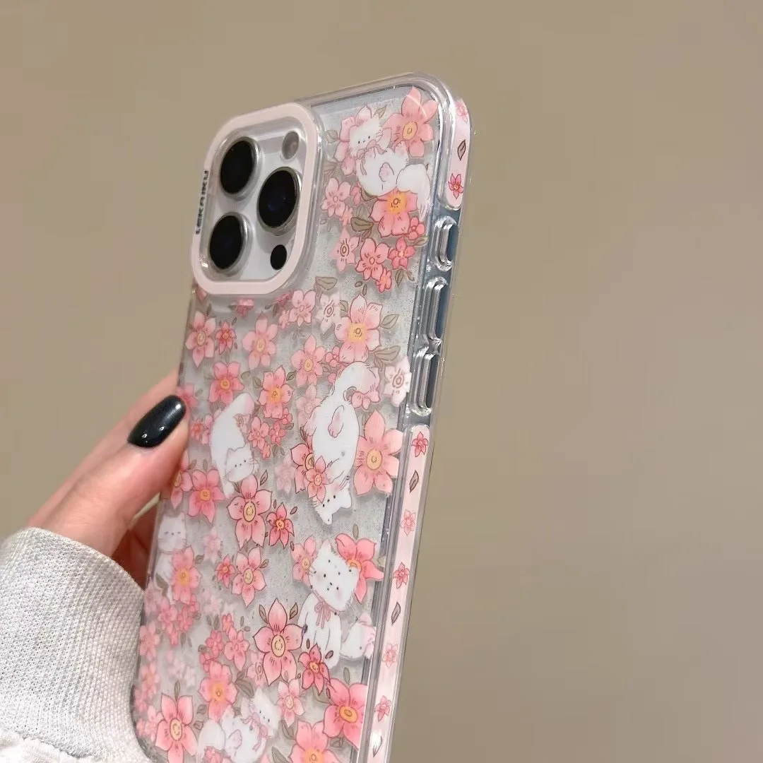 ساكورا الوردي الزهور زهر الكرز هريرة بريق الفن جراب هاتف آيفون 16 15 14 13 برو ماكس حافظة لطيف الحلو الكرتون غطاء