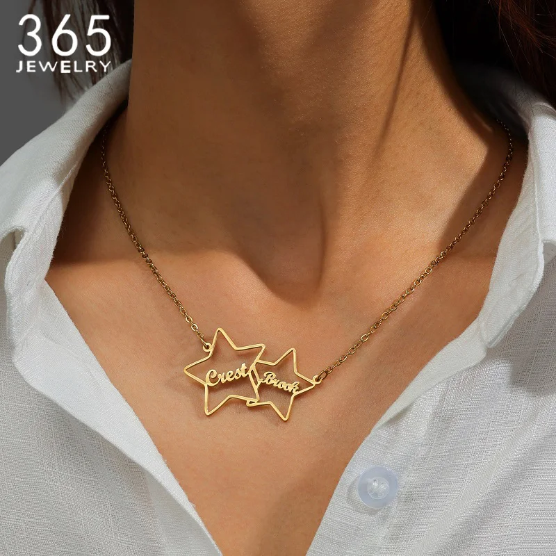 

365 Custom Name Hollow Star and Footprint Necklace Stainless Steel Personalized Double Name Pendant For Women Girls Jewelry Gift