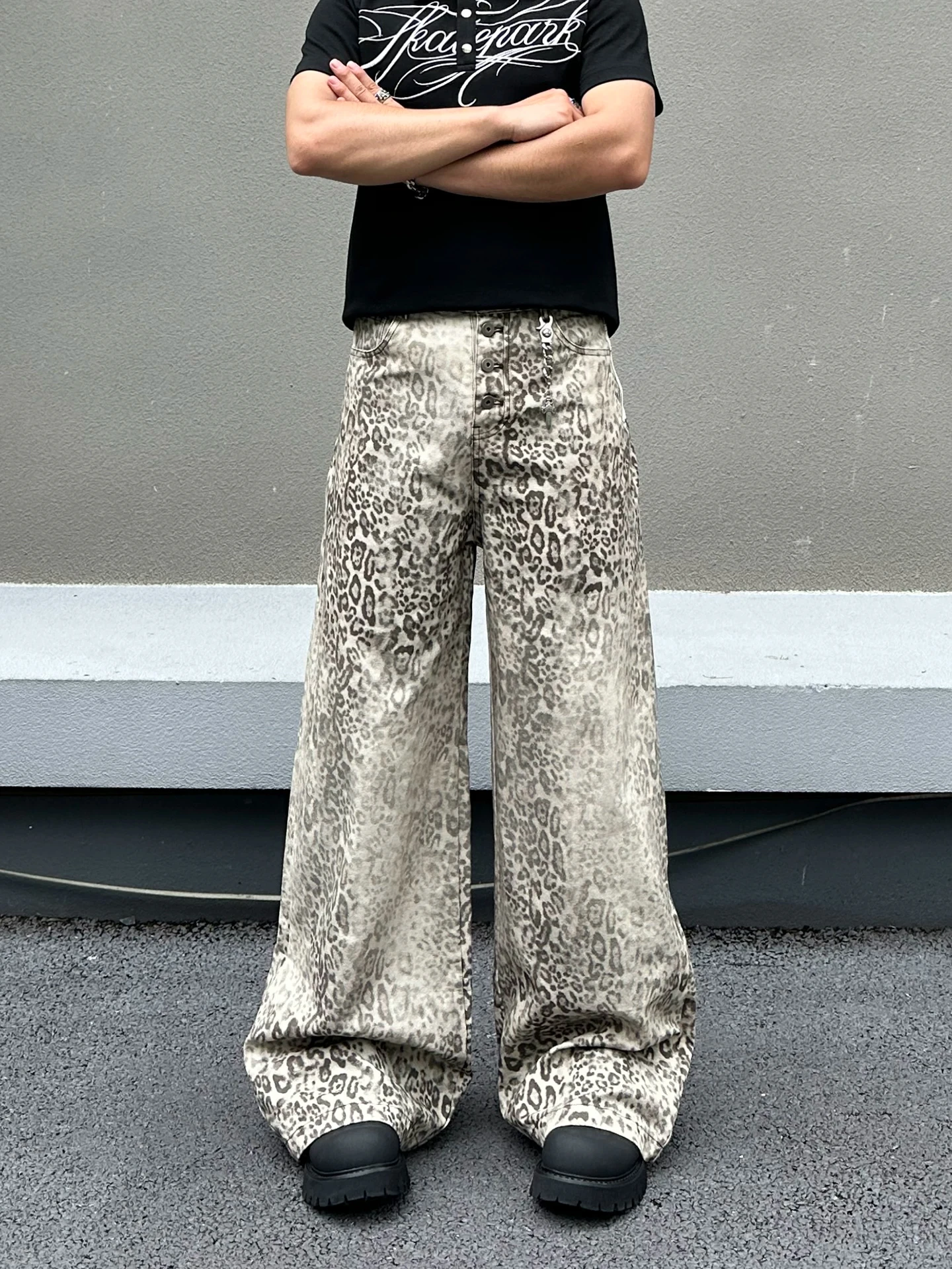 American Retro Leopard Print Patchwork Baggy Jeans Men Loose Straight Casual Slimming Design Wide Leg Pants Street Style
