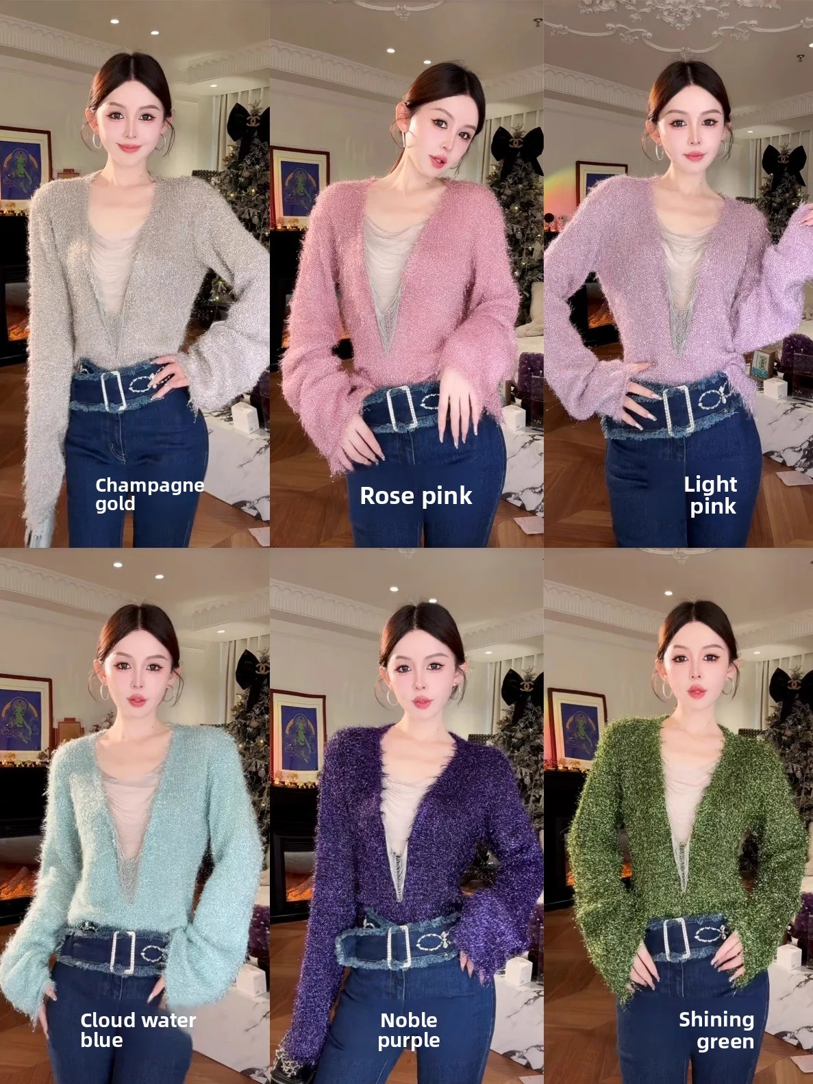 

XiaoXiao Yu Gold Thread Feather Mesh Slimming Deep V Neck Ladies Top Elegant Luxury Feeling Fashionable Commute Style Long Sl...